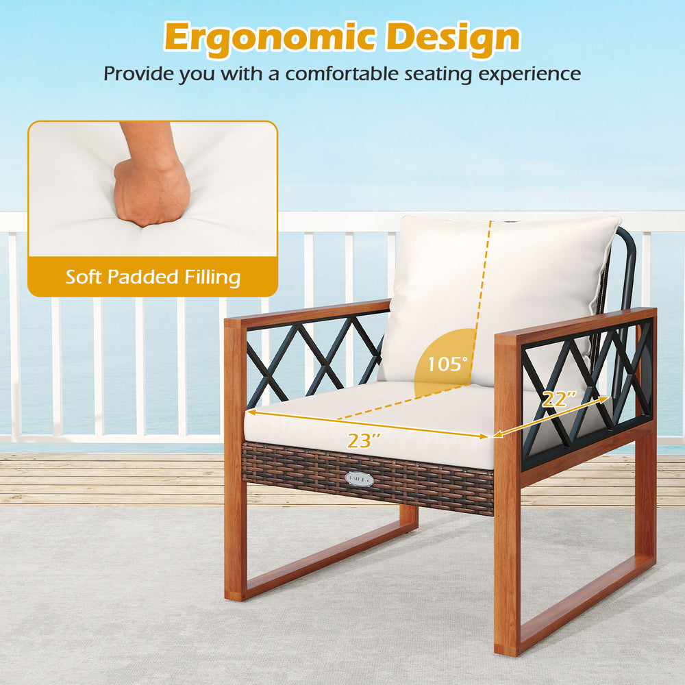 Single patio chair with soft off-white cushion, acacia wood frame, and ergonomic design for outdoor relaxation.