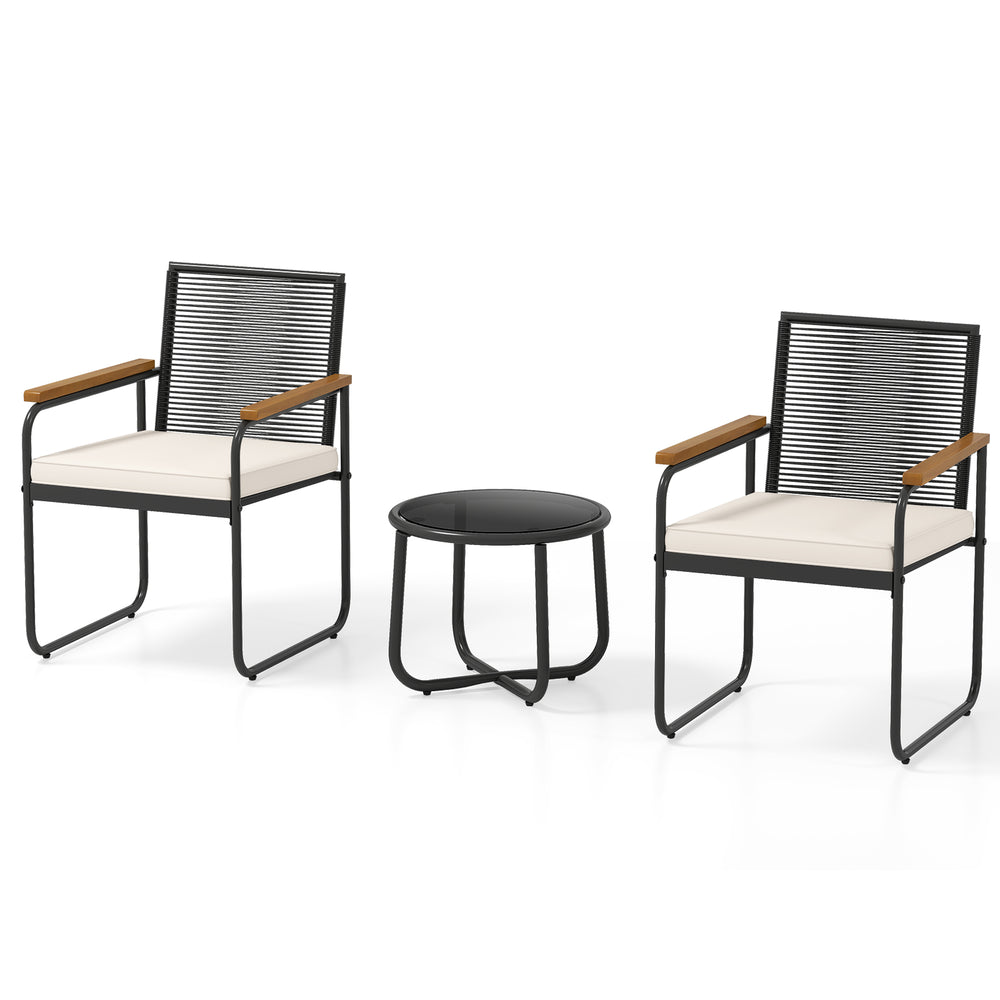 Two white patio chairs with acacia wood armrests and a round tempered glass table, perfect for outdoor relaxation.