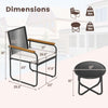 Dimensions of the 3-piece patio furniture set with PE rattan chairs and round tempered glass top table for outdoor use.
