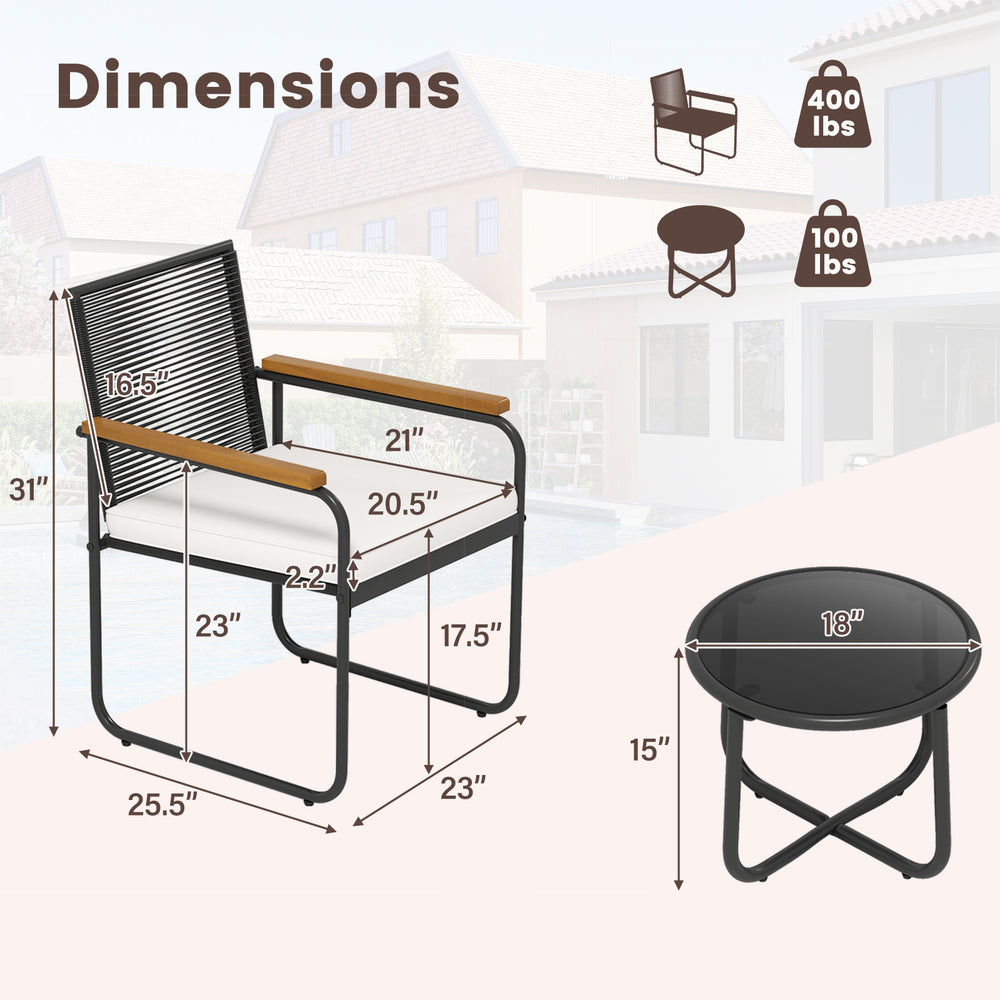 Dimensions of the 3-piece patio furniture set with PE rattan chairs and round tempered glass top table for outdoor use.