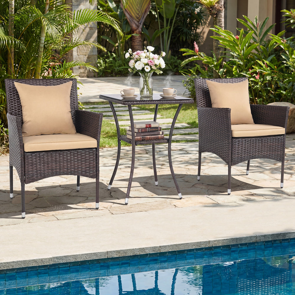 3 Pieces Patio Furniture Set with Cushioned Patio Chairs and Tempered Glass Coffee Table-Brown - Gallery View 1 of 10