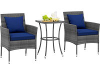 Cushioned patio chairs with navy covers and a tempered glass coffee table, perfect for outdoor relaxation.