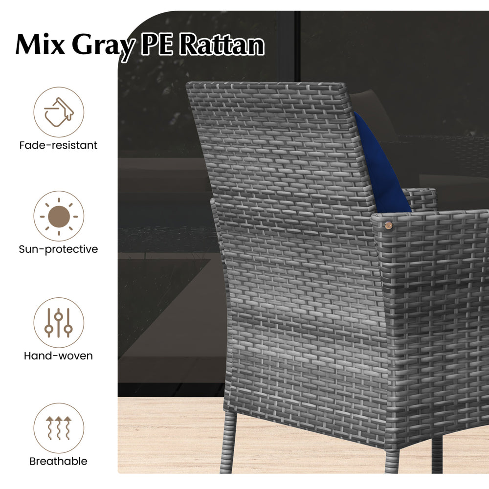 Gray PE rattan patio chair with soft cushion, sun-protective and fade-resistant, ideal for outdoor relaxation.