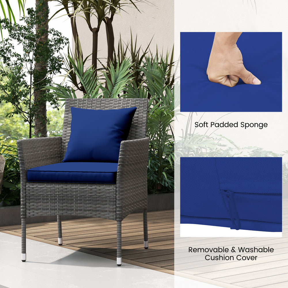 Cushioned patio chair in navy with removable cover, featuring soft padded sponge for comfort, ideal for outdoor use.