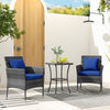 Cushioned patio chairs with navy cushions and a tempered glass coffee table, perfect for outdoor relaxation.