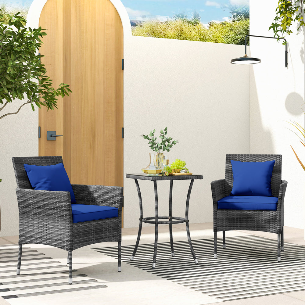 3 Pieces Patio Furniture Set with Cushioned Patio Chairs and Tempered Glass Coffee Table-Navy - Gallery View 1 of 10