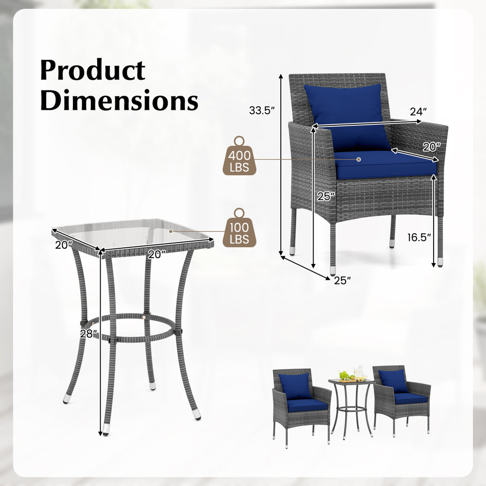 Cushioned patio chair and tempered glass coffee table from a 3-piece set, designed for outdoor durability and comfort.