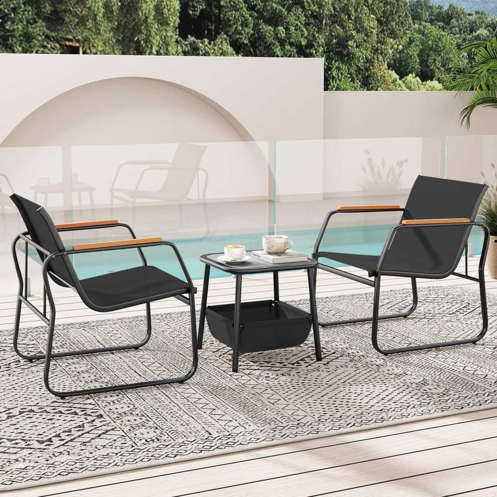 Black 3-piece outdoor bistro conversation set featuring two chairs and a coffee table, perfect for patio relaxation.
