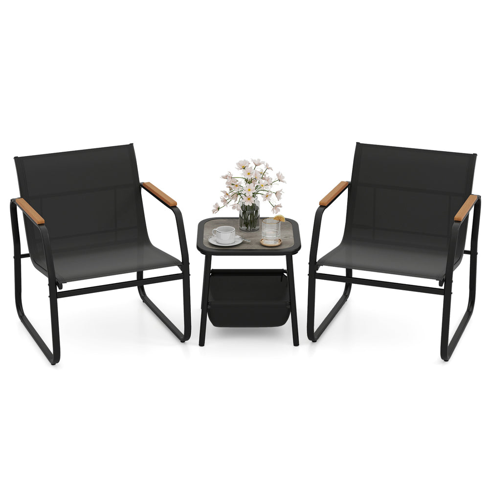 Black 3-piece patio furniture set featuring two chairs and a table, ideal for outdoor bistro conversations.