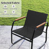 Black outdoor bistro chair with breathable, quick-drying fabric and wooden armrests, perfect for patio relaxation.