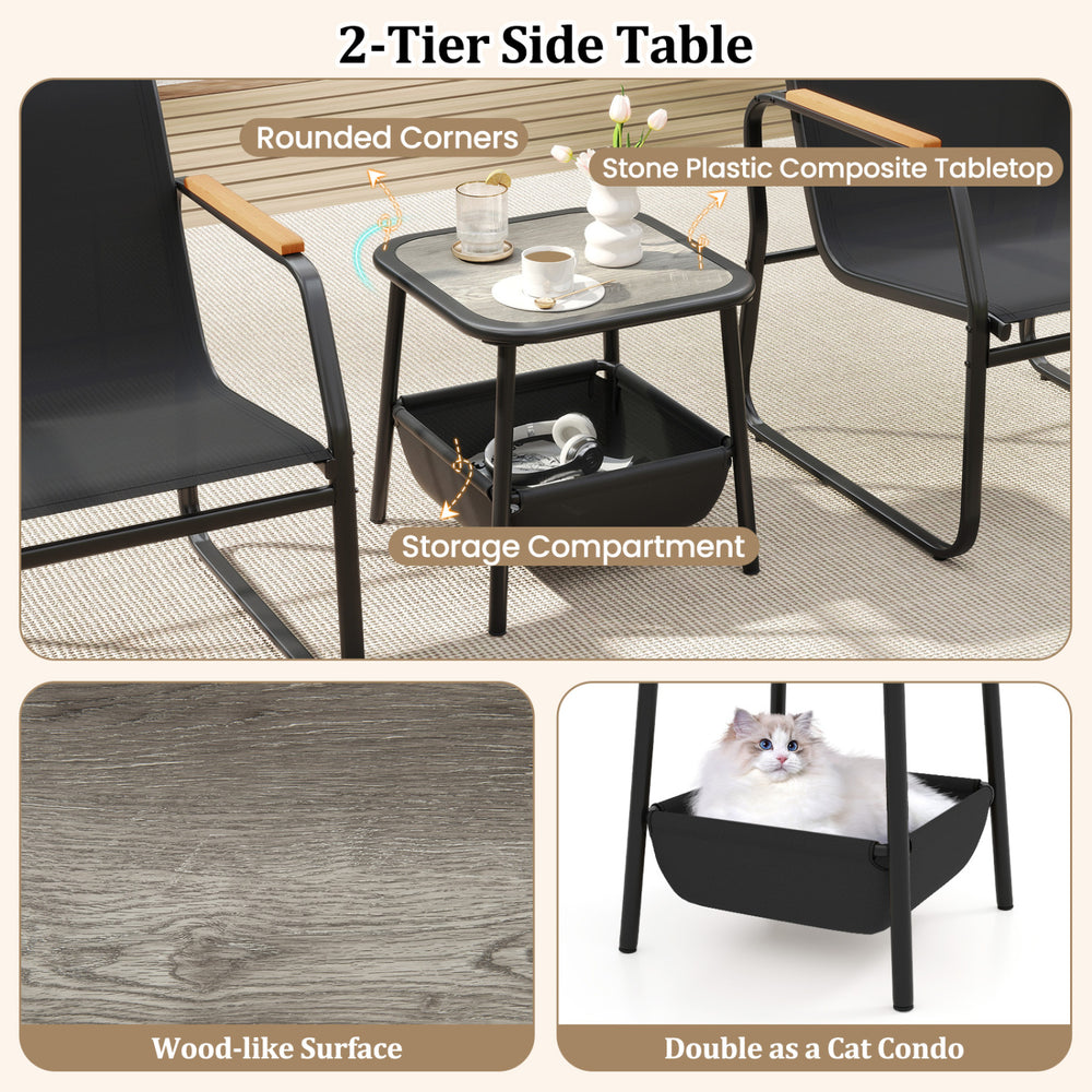 2-tier side table with stone plastic composite tabletop and storage compartment, perfect for outdoor bistro settings.