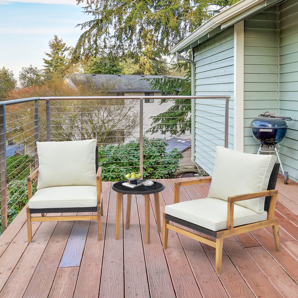 3 Pieces Patio Furniture Set with Cushioned Chairs and Tempered Glass Side Table-Brown - Gallery View 1 of 8