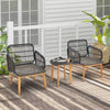 Two cushioned chairs and a tempered glass side table in black PE rattan, perfect for outdoor patio relaxation.
