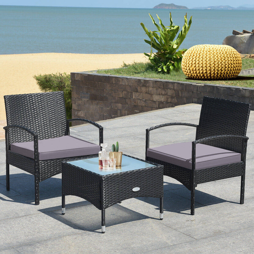 3 Pieces Patio Wicker Rattan Furniture Set with Cushion for Lawn Backyard-Gray - Gallery View 1 of 10