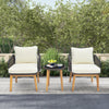 Cushioned patio chairs with acacia wood and a tempered glass side table, perfect for outdoor relaxation.