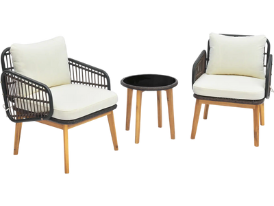 Costway 3-Pc Acacia Wood Patio Furniture Set Wicker Cushioned Chairs Glass Side Table 56742918 New