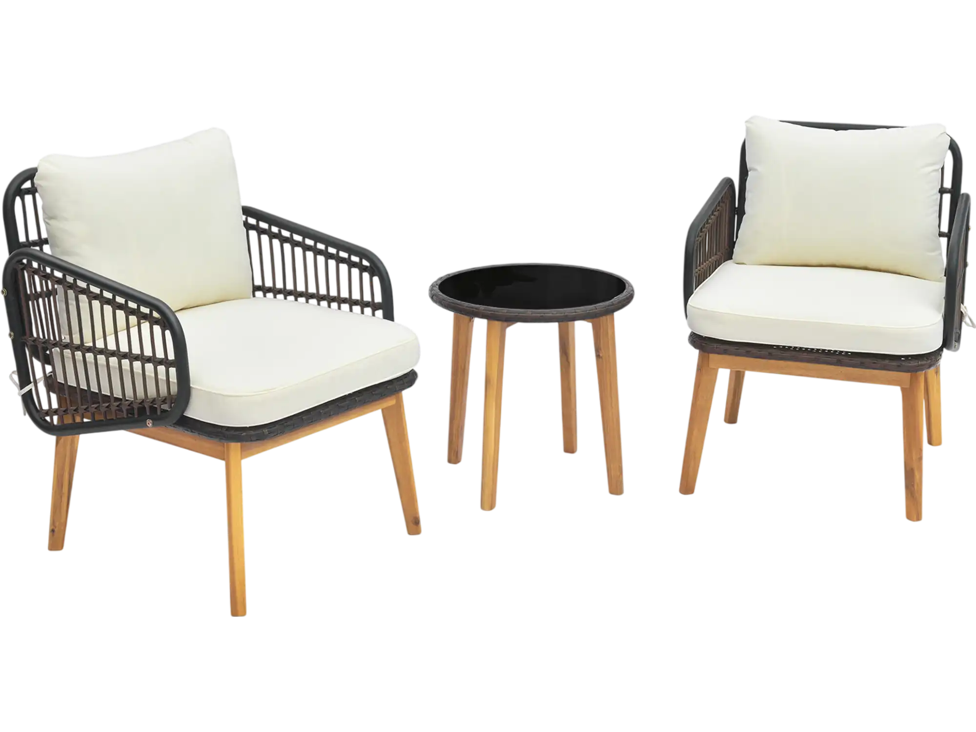 Costway 3-Pc Acacia Wood Patio Furniture Set Cushioned Wicker Chairs Glass Side Table 56742918 New