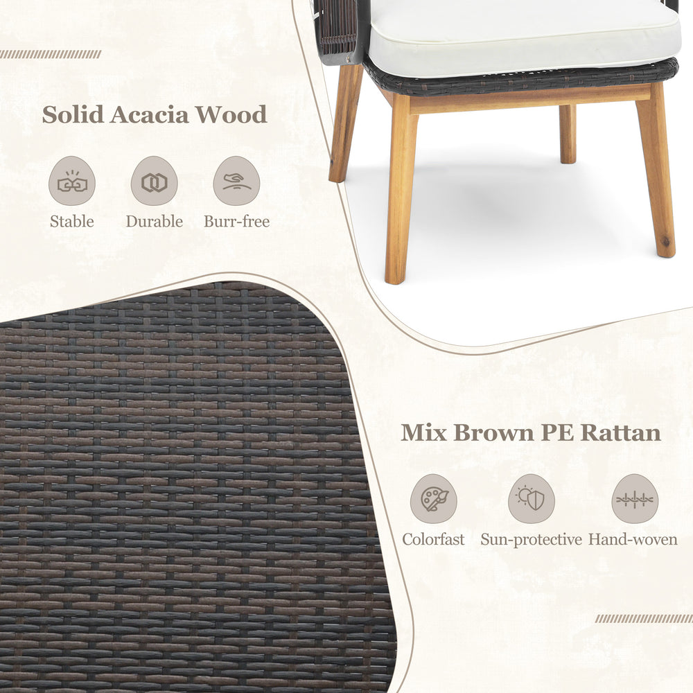 Cushioned chair from a 3-piece patio furniture set featuring solid acacia wood and colorfast PE rattan for outdoor use.