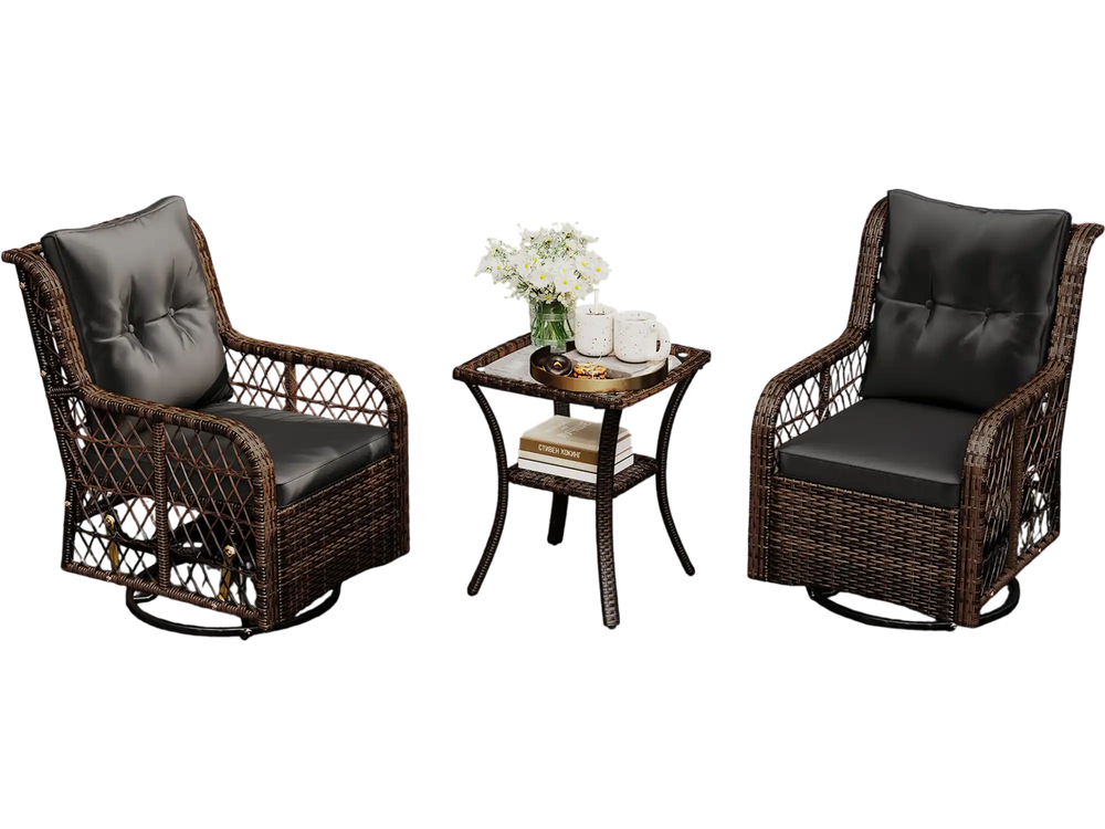Two PE wicker swivel glider chairs with black cushions and a 2-tier side table, perfect for patio relaxation.