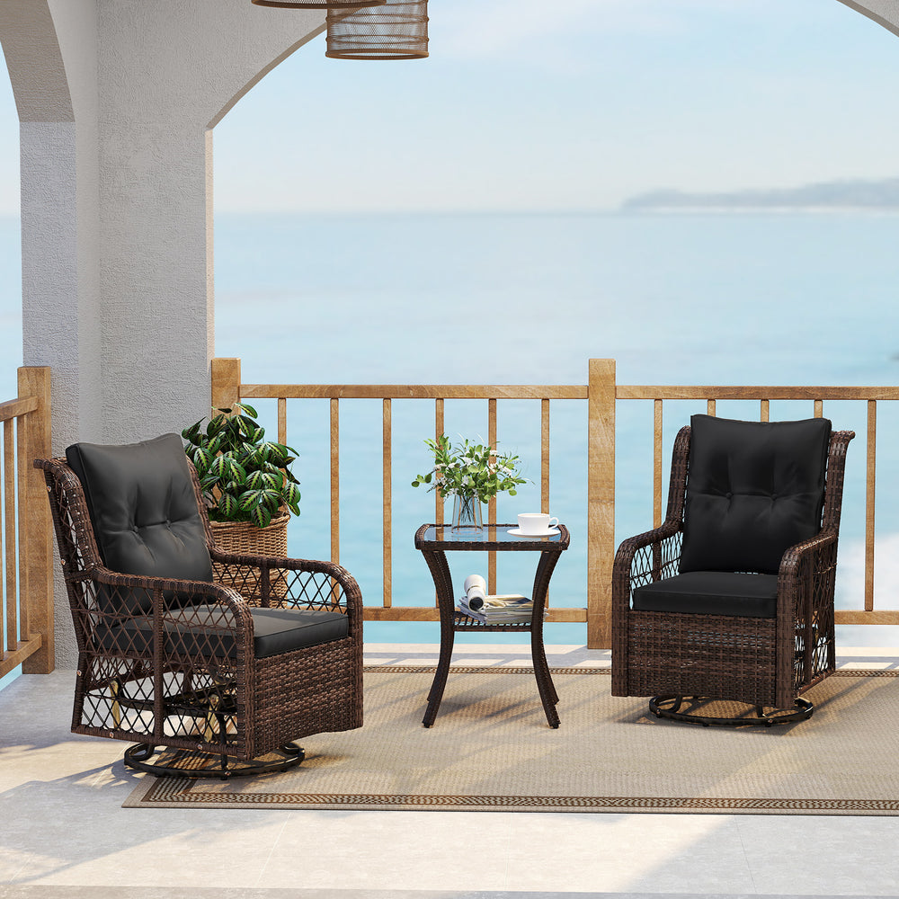 Close-up of the hand-woven PE rattan texture and black cushion of a swivel glider chair, ideal for outdoor seating.