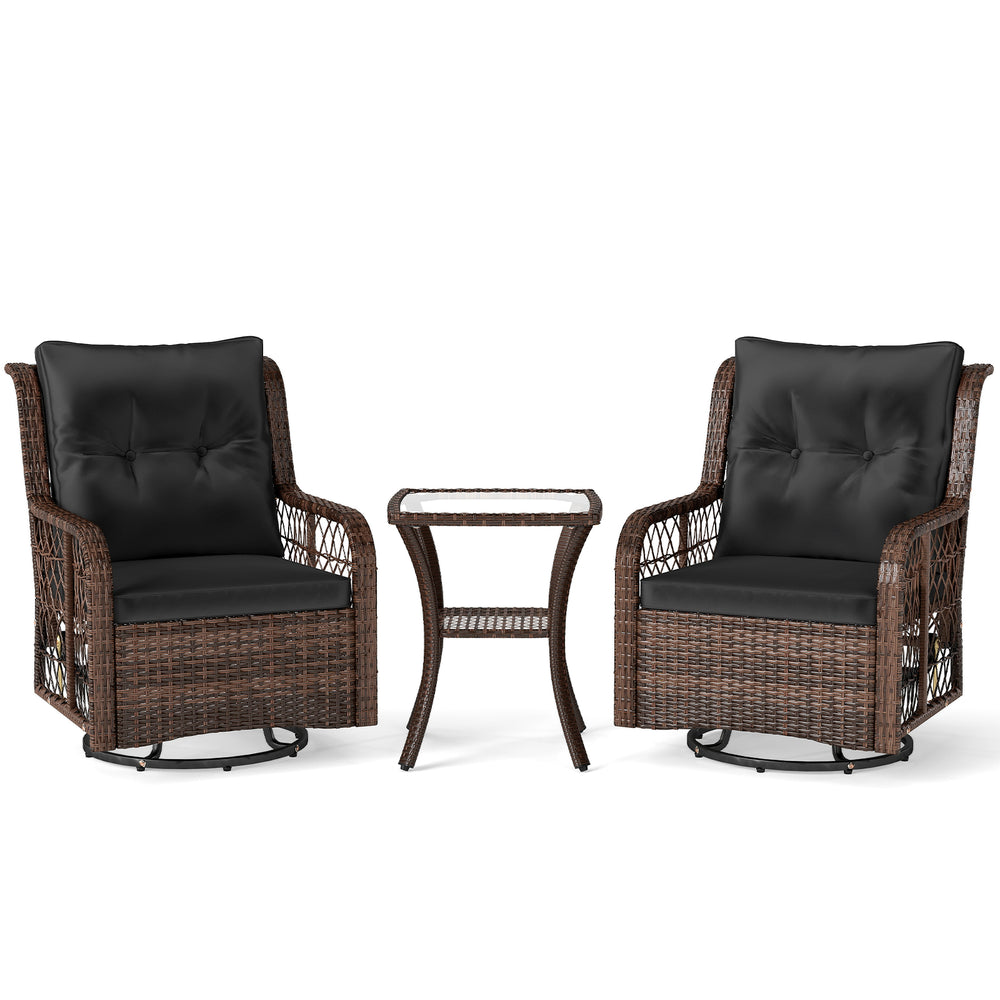 Two PE wicker swivel glider chairs with black cushions and a 2-tier side table, perfect for outdoor patio relaxation.