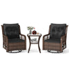 3-piece patio furniture set featuring black PE wicker swivel glider chairs and a 2-tier side table for outdoor.