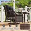 Swivel glider chair in mix brown PE rattan with black cushions, ideal for patio relaxation and comfort.