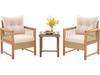 Two cushioned patio chairs with acacia wood frames and a small table, perfect for garden relaxation.