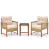 Two cushioned patio chairs with acacia wood frames and a tempered glass table, ideal for outdoor relaxation.