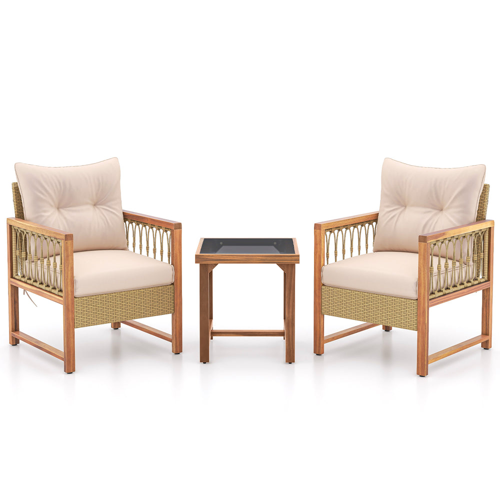 Two cushioned patio chairs with acacia wood frames and a tempered glass table, ideal for outdoor relaxation.
