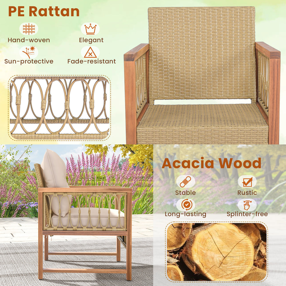Close-up of the hand-woven PE rattan chair with acacia wood frame, featuring soft cushions for patio comfort.