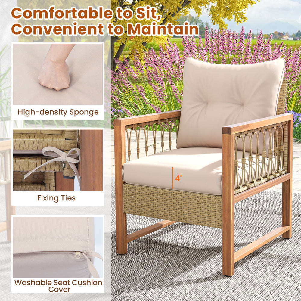 Single chair from the 3 Pieces Patio Furniture Set with acacia wood frame and soft, washable beige cushion for outdoor.