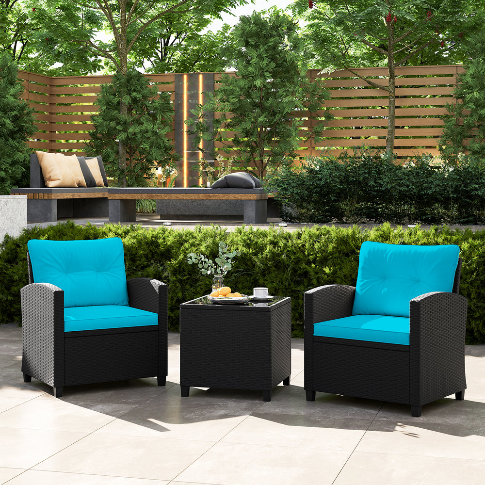 3 Pieces Patio Furniture Set with Tempered Glass Coffee Table-Turquoise - Gallery View 1 of 10