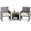 Two gray PE rattan chairs with soft seat cushions and a tempered glass coffee table, perfect for patio relaxation.