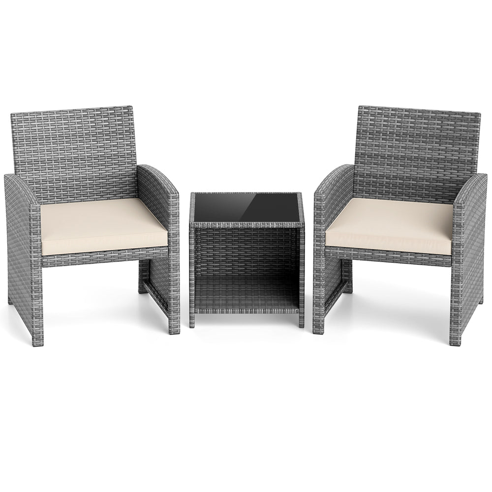 Two gray PE rattan chairs with soft cushions and a tempered glass coffee table, ideal for patio or poolside use.