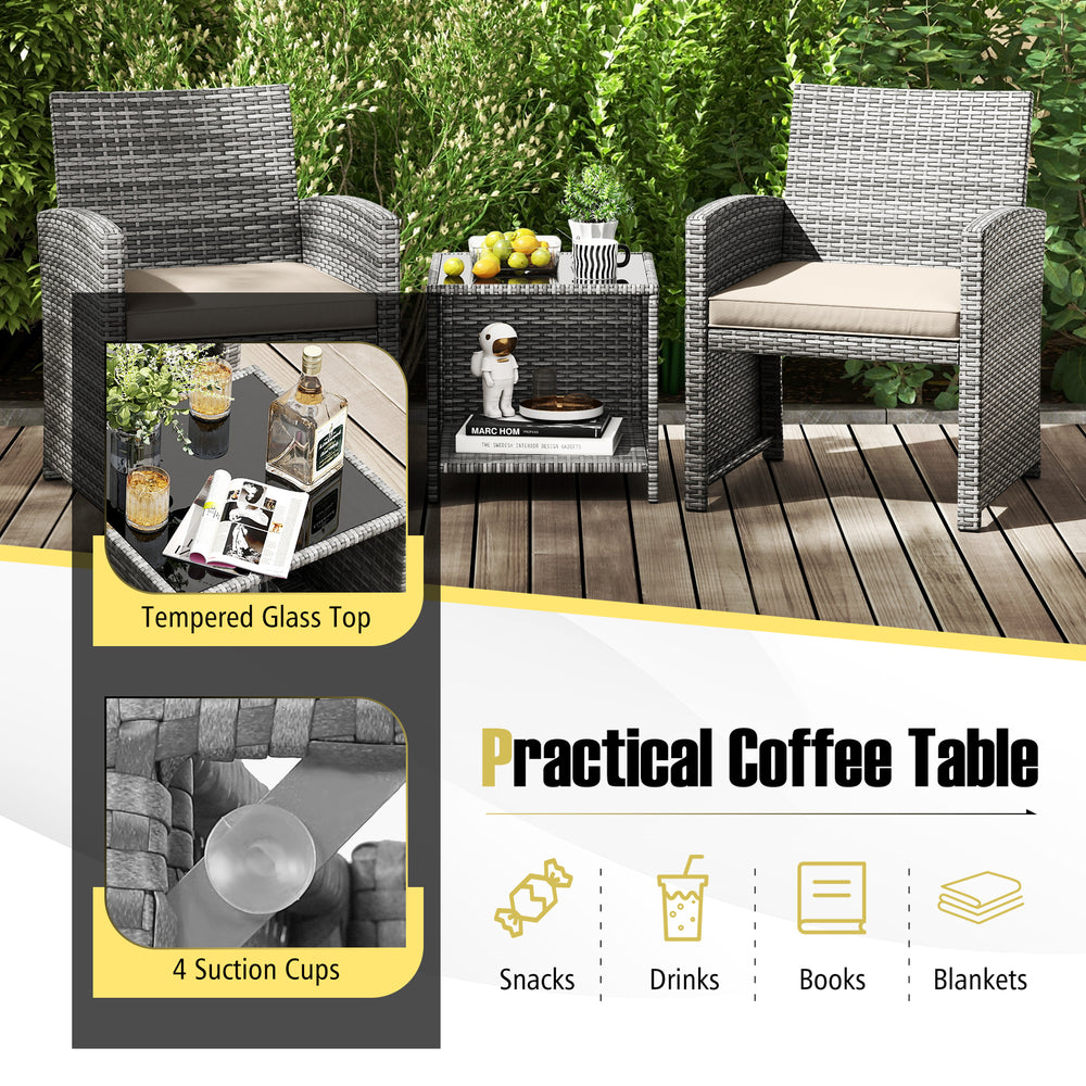 Patio furniture set featuring a tempered glass coffee table and soft seat cushions, ideal for outdoor relaxation.