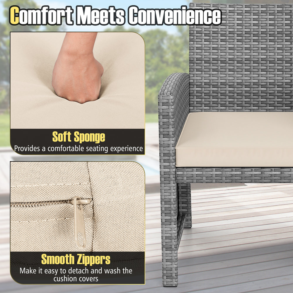 Close-up of soft sponge seat cushion with smooth zippers on a gray PE rattan chair from a 3-piece patio furniture set.