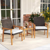Two acacia wood chairs with white cushions and a square coffee table in a patio setting, perfect for outdoor.