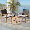 Patio bistro set featuring two acacia wood chairs with white cushions and a square coffee table, ideal for outdoor.