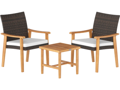 Costway 3-Pc Patio PE Wicker Acacia Wood Outdoor Bistro Conversation Set 14825084 New