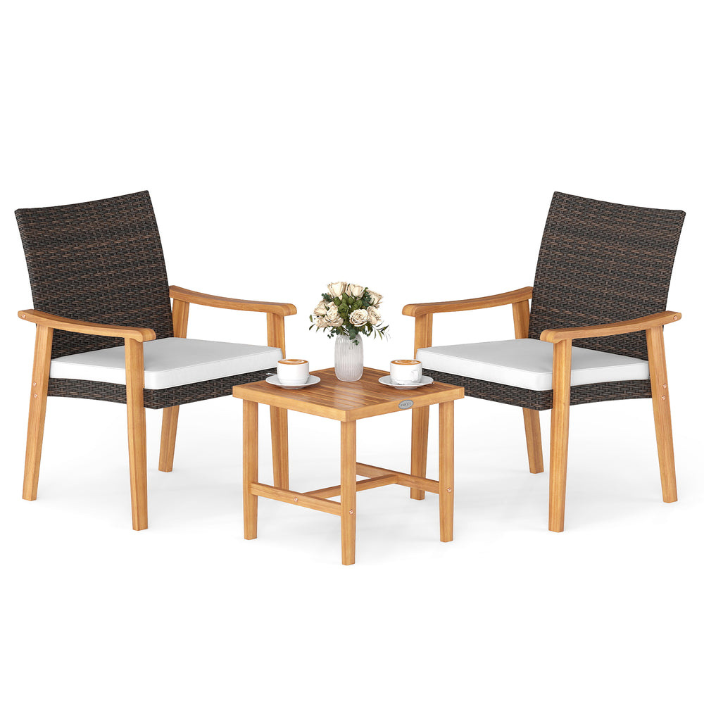 Two cushioned chairs and a square coffee table in acacia wood, perfect for outdoor patio conversation.
