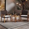Stylish patio set featuring a side view of two wicker chairs with white cushions and a wooden coffee table for outdoor.