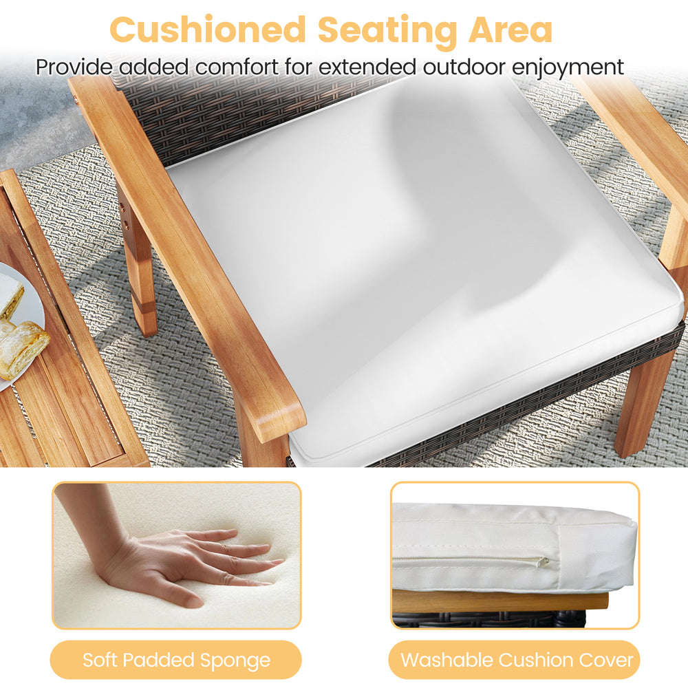 Cushioned seating area with soft padded sponge on a white chair from the 3 Pieces Patio PE Wicker Furniture Set.