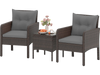Two gray cushioned chairs and a square coffee table in a 3-piece patio PE wicker furniture set for outdoor relaxation.