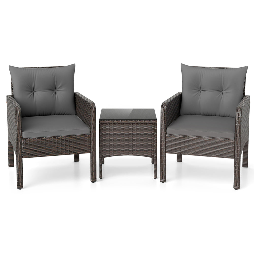 Two gray cushioned chairs with a square coffee table, made of hand-woven PE rattan, perfect for patio or balcony use.