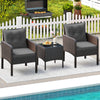Two gray cushioned chairs with a square coffee table in a patio setting, made of hand-woven PE rattan for outdoor use.
