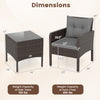 Dimensions of the 3-piece patio PE wicker furniture set with gray cushions, including chair and side table measurements.