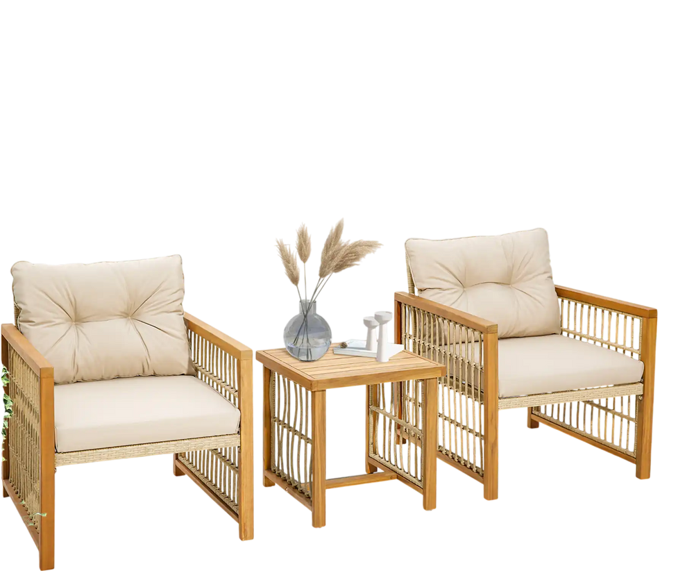 Two beige cushioned chairs and a square coffee table from a 3-piece patio set with acacia wood frame for outdoor.