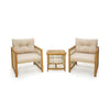 Two beige cushioned chairs and a square coffee table from a 3-piece patio set with acacia wood frame for outdoor use.