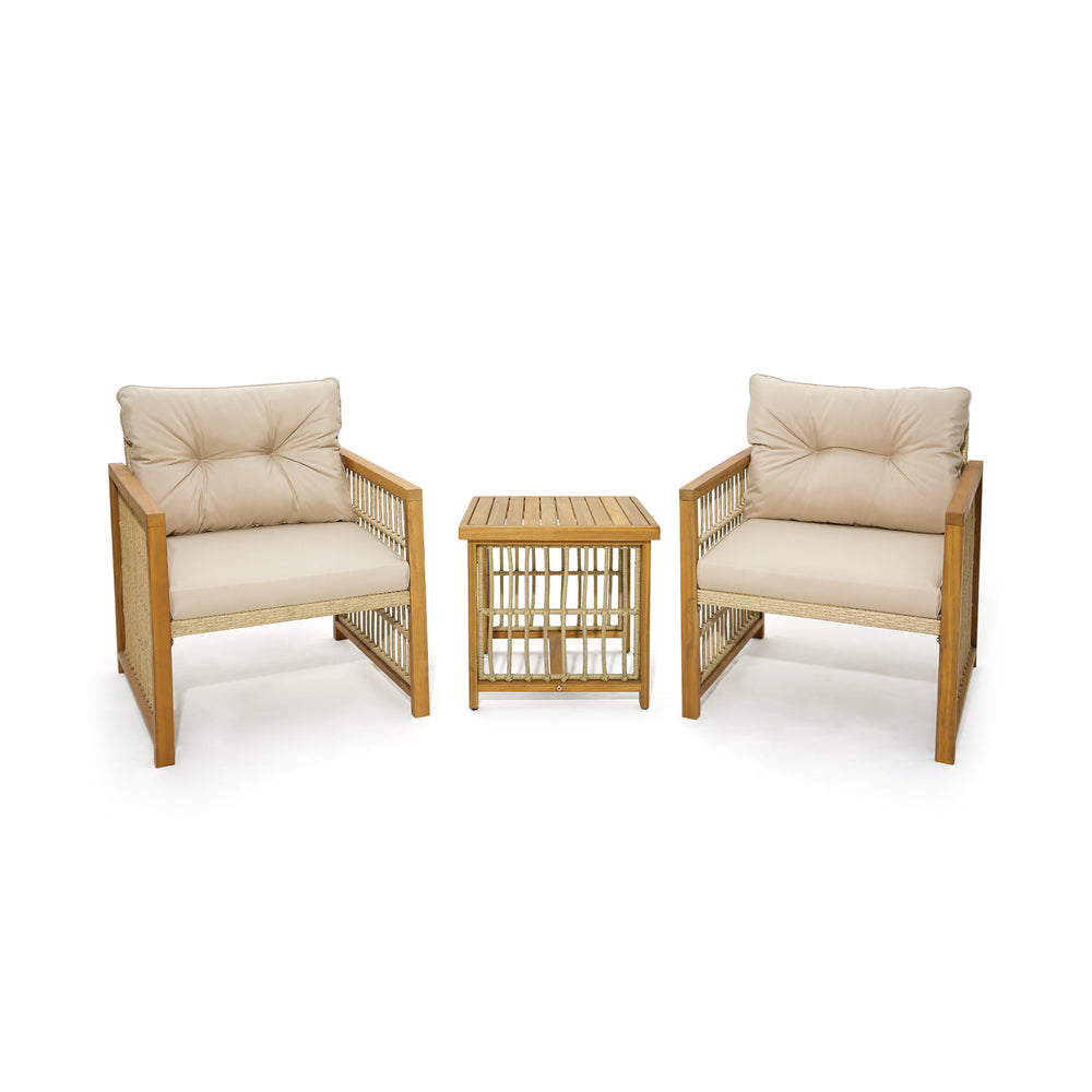 Two beige cushioned chairs and a square coffee table from a 3-piece patio set with acacia wood frame for outdoor use.